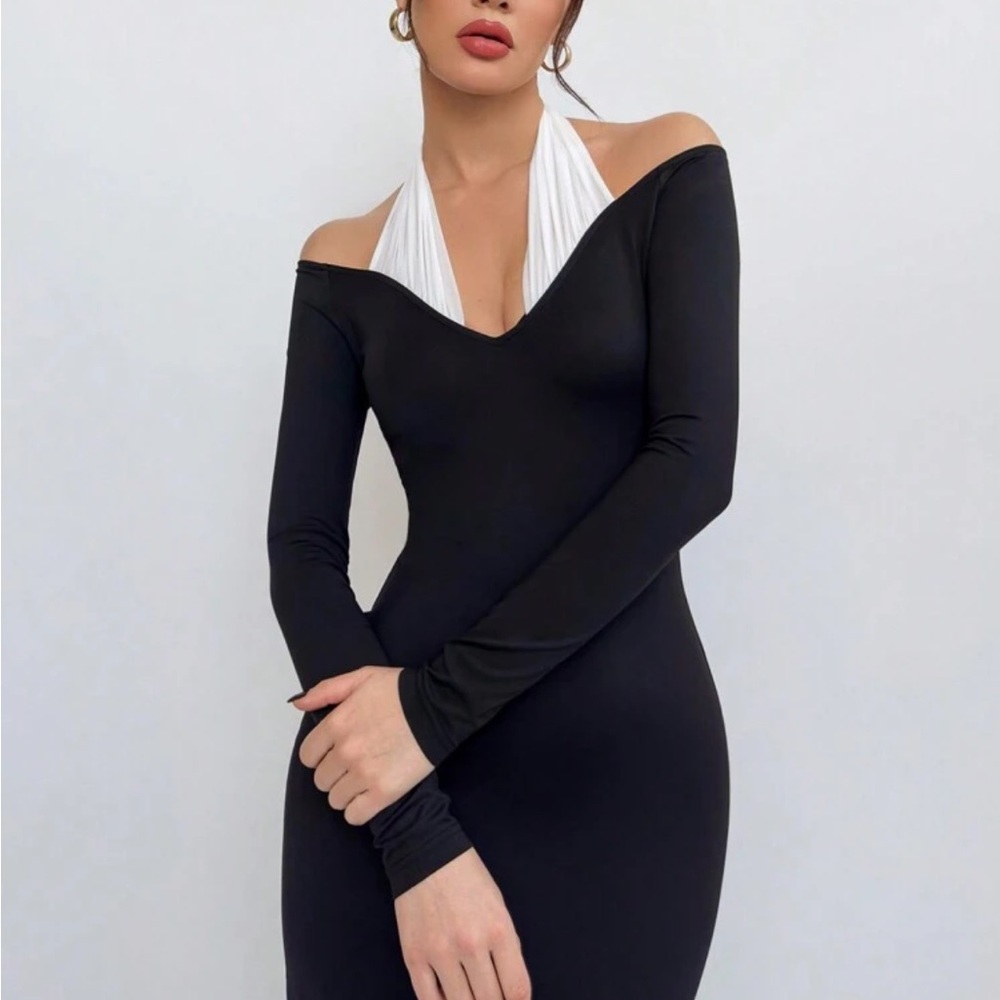 Black off shoulder long sleeve stretchy maxi dress, white halter tie neck detail - Picture 2 of 4